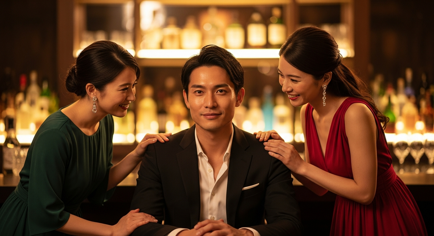 夜の席で肌の清潔感がある男性が好印象を与えている様子