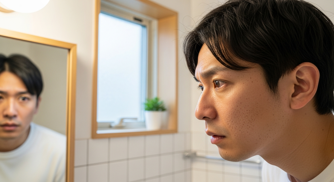鏡で自分の毛穴をチェックする男性
