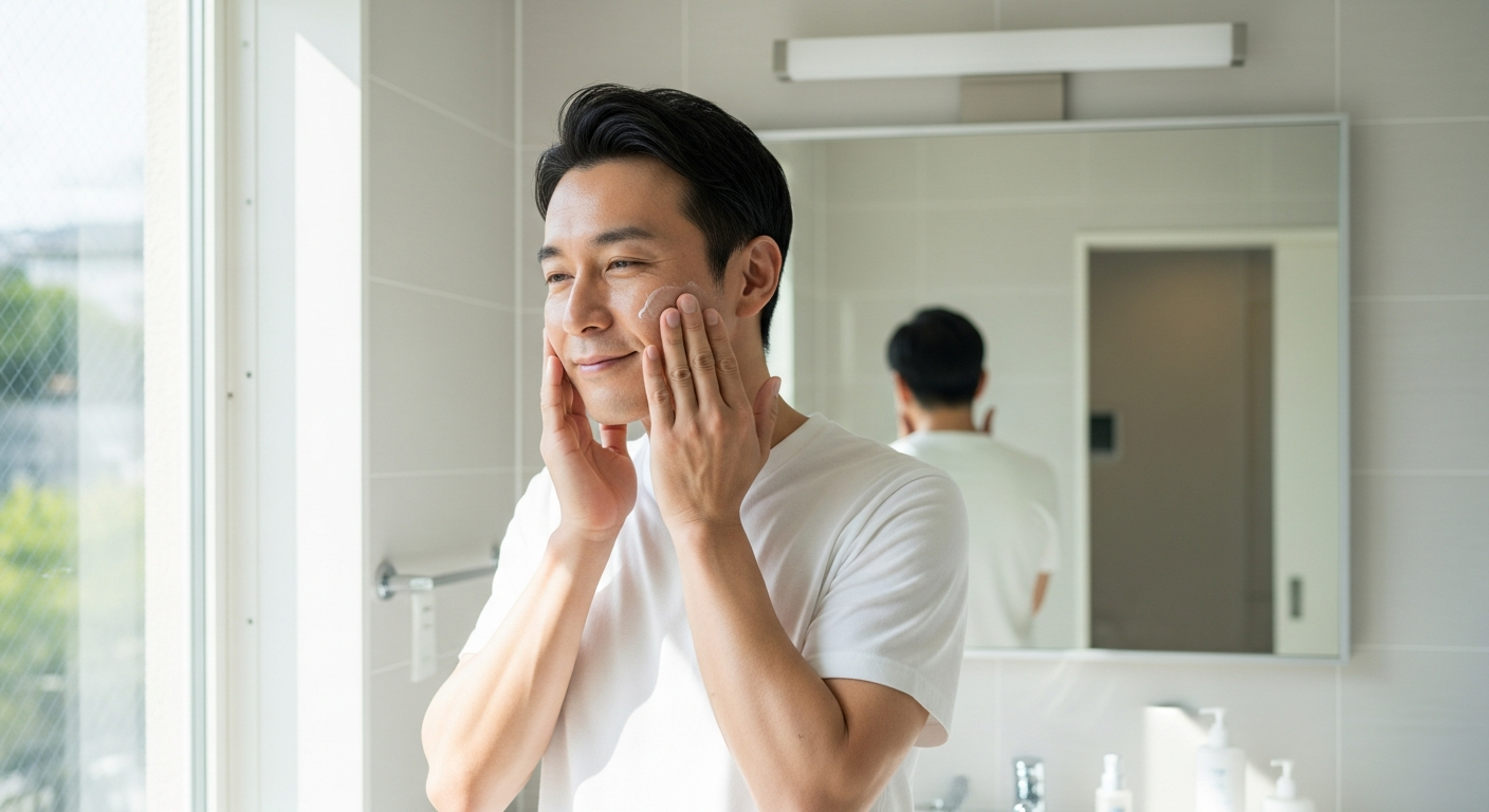 男性が洗顔・保湿などスキンケアを行う様子