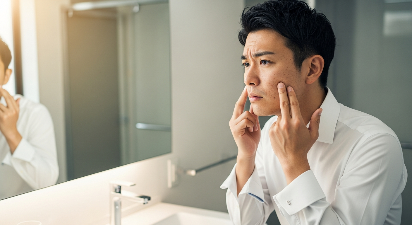奥沢エリアの男性ビジネスマンが鏡で毛穴の黒ずみを確認している様子
