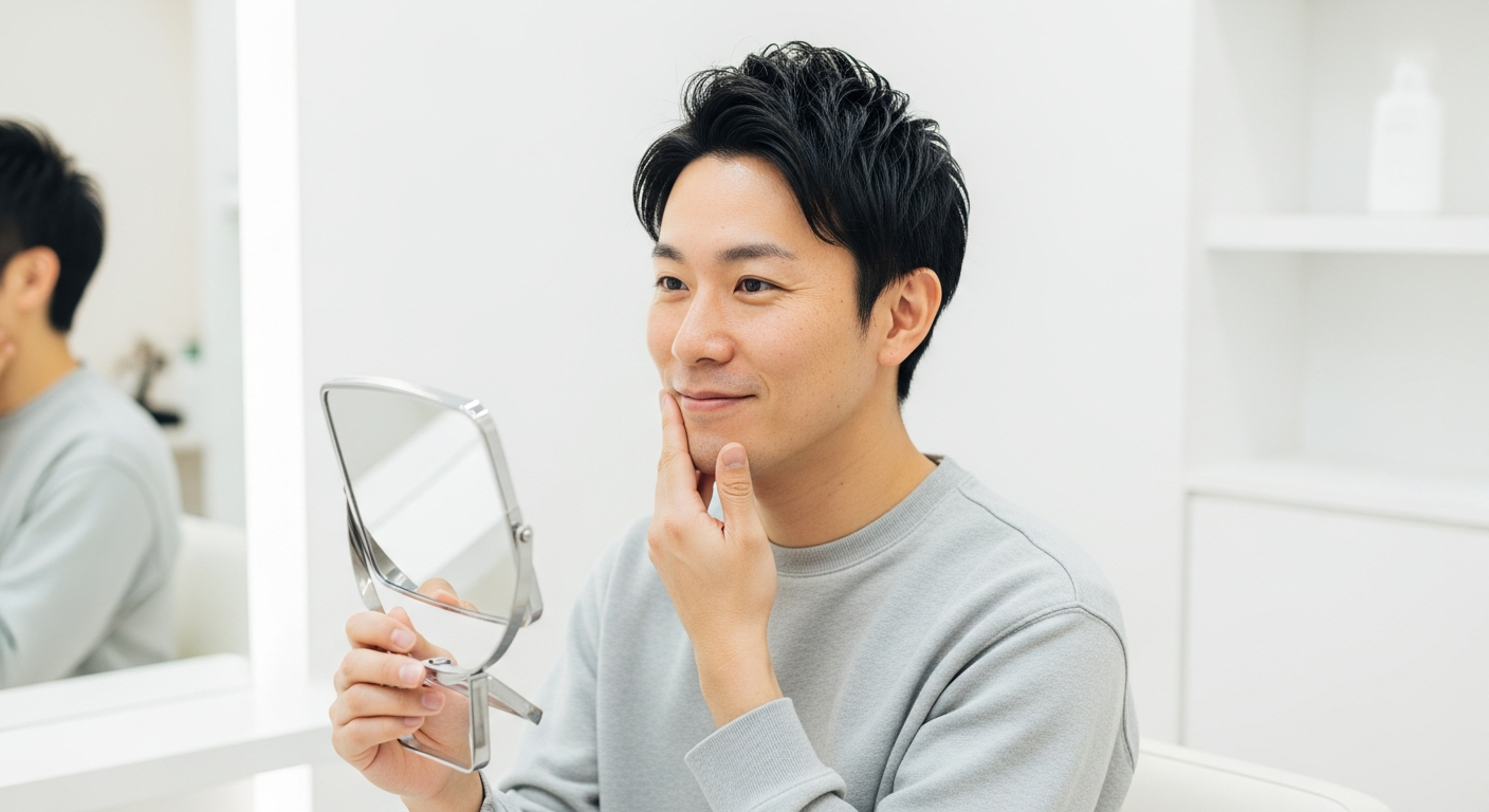 フェイシャル施術後に肌の変化を確認する日本人男性